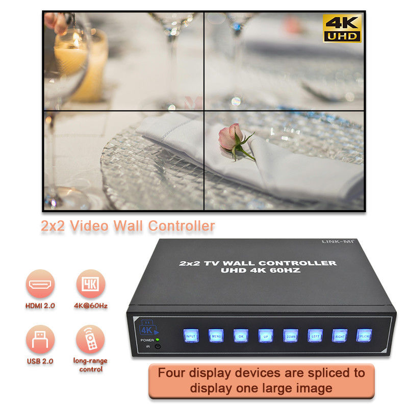 4K HDMI επεξεργαστής τοιχώματος βίντεο 2X2 Υποστηρίζει οθόνη USB για 4 τηλεοράσεις UHD 4K 60Hz LED τοίχος βίντεο